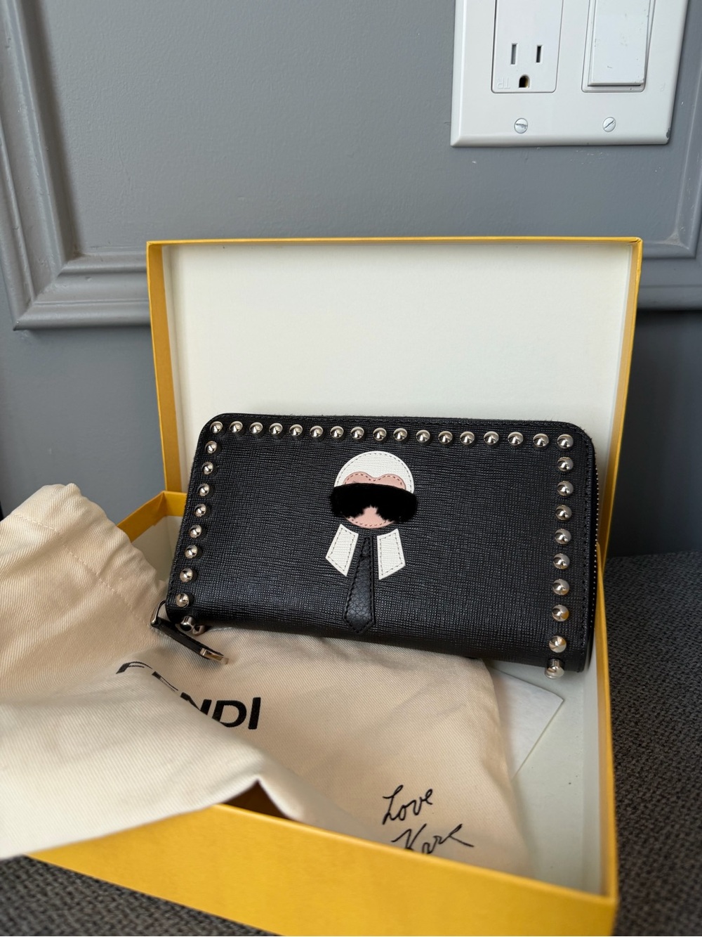 Fendi Black Studded Zip Wallet with Character Appliqué
